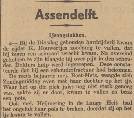 Klaas Houwertjes gewond tijdens schaatswedstrijd in 1933.
